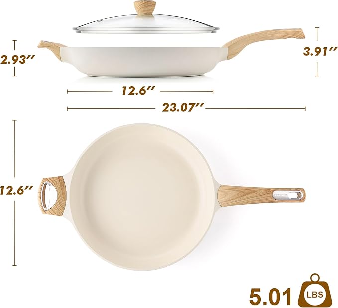 SENSARTE Ceramic Nonstick Frying Pan Skillet with Lid 12.5Inch Large Non Stick Non-toxic Healthy Kitchen Cooking Chef's Pan, Free of Intentionally Added PFOA/PFAS/PTFE, Induction Compatible, White