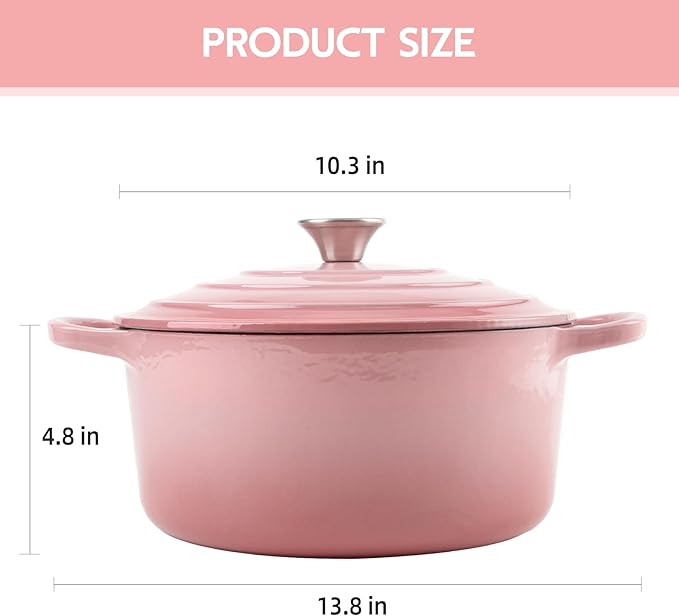 6 Quart Dutch Oven Enameled Cast Iron with Lid - Big Dual Handles - Oven Safe up to 500°F - Classic Round Pot for Versatile Cooking Pink
