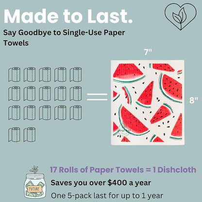 Harps&Seb Swedish Dishcloths for Kitchen Dish Towels - 5 Pack, Non-Scratch Reusable Paper Towels, Super Absorbent Washable Swedish Dish Cloths, No Odor, Biodegradable,Summer Design