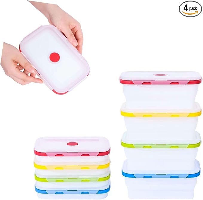 ECOBERI Collapsible Food Storage Containers, Silicone 4 Piece 27 oz Set, BPA-Free Meal Prep Containers with Airtight Lids, Space-Saving, Freezer and Dishwasher Safe