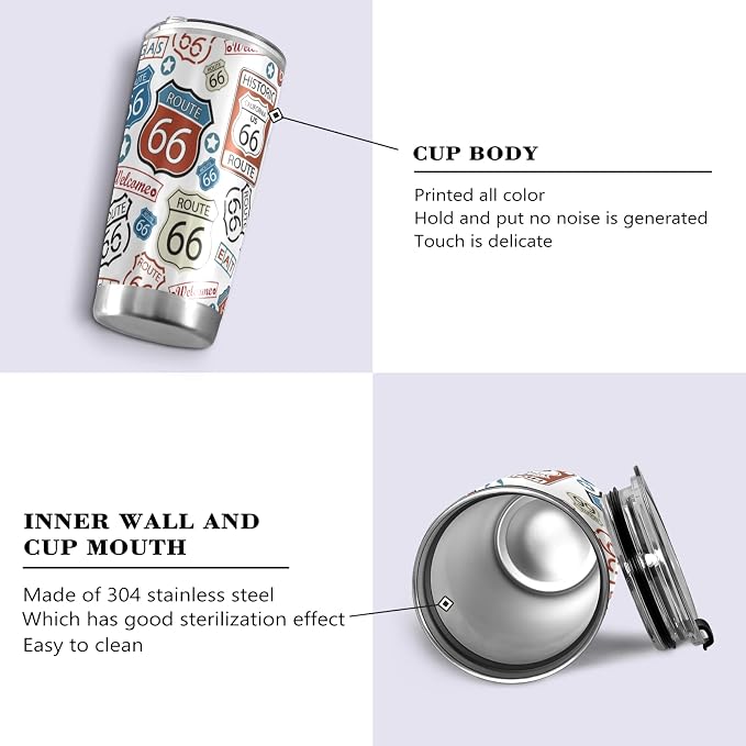 Tumbler Route 66 Cute Insulated Coffee Cup Beverage Container Travel Mug with Straw and Lid Double Wall Stainless Steel 20oz Holiday Gift