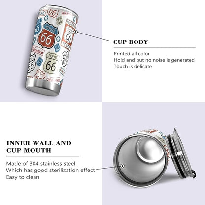 Tumbler Route 66 Cute Insulated Coffee Cup Beverage Container Travel Mug with Straw and Lid Double Wall Stainless Steel 20oz Holiday Gift
