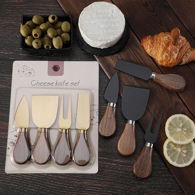 Linwnil 4-Piece Set of Stainless Steel Cheese Knives with Wood Hand, Including Cheese Slicer and Cheese Cutters, Essential Cheese Tools for the Kitchen (Walnut handle, Black)