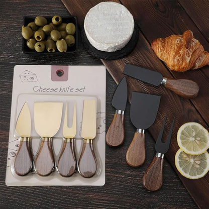 Linwnil 4-Piece Set of Stainless Steel Cheese Knives with Wood Hand, Including Cheese Slicer and Cheese Cutters, Essential Cheese Tools for the Kitchen (Walnut handle, Black)