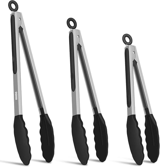Kitchen Tongs, Stainless Steel Cooking Tongs with Silicone Tips, 600ºF High Heat-Resistant Non Scratch Locking Tongs for Cooking BBQ Grilling Air Fryer Pans, Set of 3 (7" 9" and 12") Black