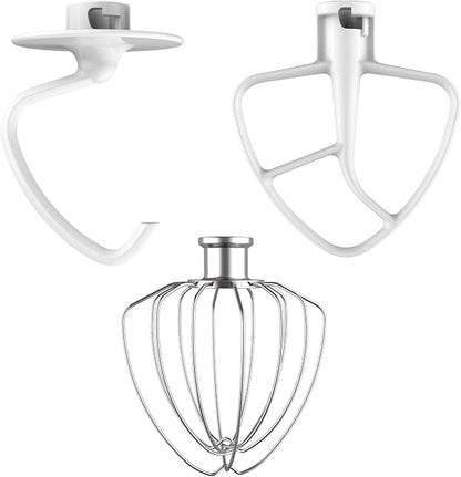3-Piece Mixer Attachment Kit for KitchenAid 4.5/5 QT Tilt-Head Mixers, Stainless Steel K45WW Wire Whip, K45DH Dough Hook & K45B Coated Flat Beater, Baking Essentials Set, Dishwasher Safe