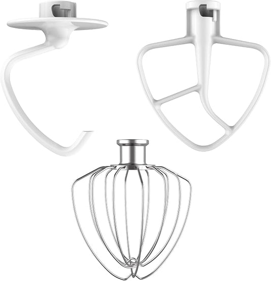 3-Piece Mixer Attachment Kit for KitchenAid 4.5/5 QT Tilt-Head Mixers, Stainless Steel K45WW Wire Whip, K45DH Dough Hook & K45B Coated Flat Beater, Baking Essentials Set, Dishwasher Safe
