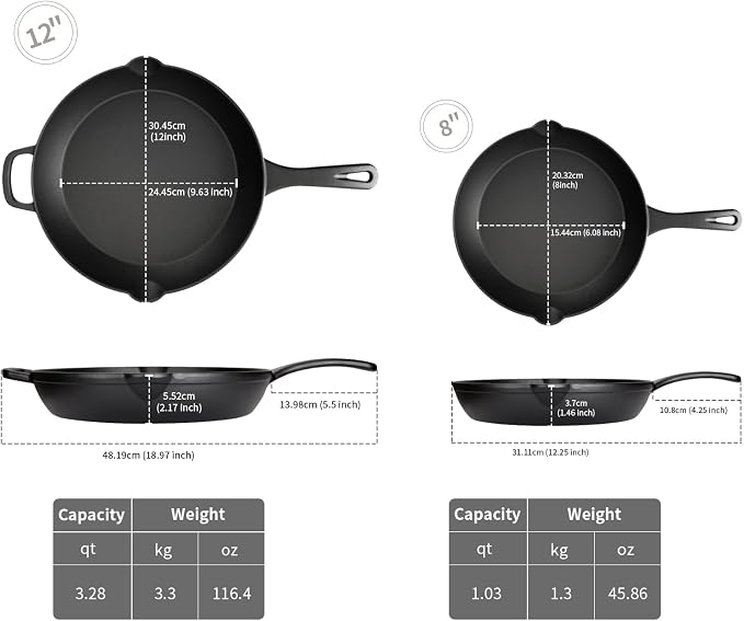 Cast Iron Skillet Set, 8" + 12" | Pre-Seasoned
