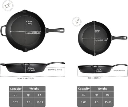 Cast Iron Skillet Set, 8" + 12" | Pre-Seasoned