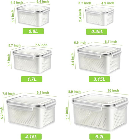 TBMAXS 6 Pack Fruit Storage Containers for Fridge, Produce Saver Vegetable Container with Drain Colanders - Refrigerator Organizer for Lettuce Keepers Berry Container