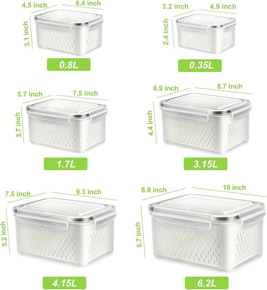 TBMAXS 6 Pack Fruit Storage Containers for Fridge, Produce Saver Vegetable Container with Drain Colanders - Refrigerator Organizer for Lettuce Keepers Berry Container