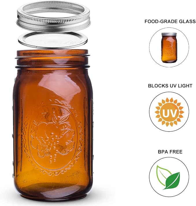 eleganttime Amber Glass Mason Jars 32 oz Wide Mouth with Airtight Lids and Bands 6 Pack Large Glass Canning Mason Jars Quart,Great for Canning Jar Pickle Fermenting Jam Jar