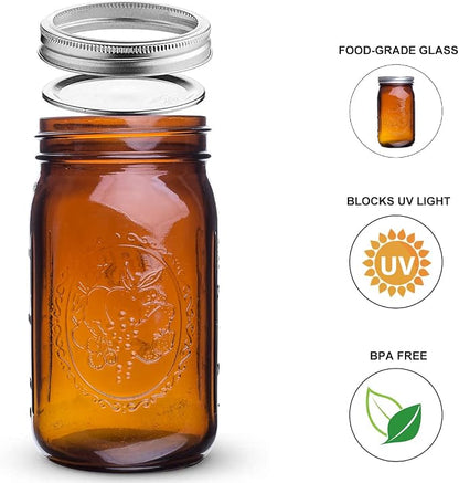 eleganttime Amber Glass Mason Jars 32 oz Wide Mouth with Airtight Lids and Bands 6 Pack Large Glass Canning Mason Jars Quart,Great for Canning Jar Pickle Fermenting Jam Jar