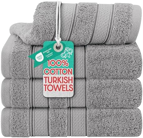 American Soft Linen Salem 100% Cotton Turkish 4 Piece Hand Towels for Bathroom, 600 GSM Soft Absorbent Quickdry Hand Face Towel Set, Cool Grey
