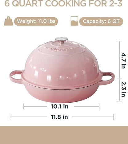 Enameled Cast Iron Bread Oven, 6QT Cast Iron Dutch Oven for Homemade Sourdough Bread Baking, Round Bread Pot with Dome Lid & Cotton Potholders, Gentle Pink