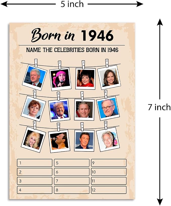 QUPT 80th Birthday Party Games, Set of 2 Activities for 15 Guests, Born in 1946 Games Bundle, Birthday Party Supplies for Adults, Pack of 30 Cards