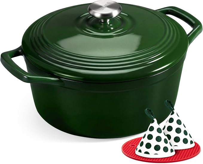 Overmont Enameled Cast Iron Dutch Oven - 5.5QT Pot with Lid Cookbook & Cotton Potholders - Heavy-Duty Cookware for Braising, Stews, Roasting, Bread Baking Bamboo Shadow