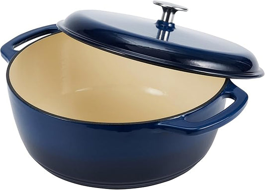 Amazon Basics Enameled Cast Iron Dutch Oven Pot with Lid, Round, Dual Handles, Heavy-Duty, Oven Safe for Stews, Roasting, Baking, 7.3-Quart, Navy