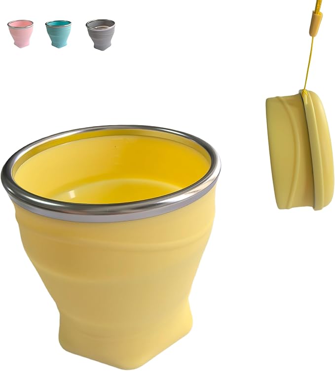 Collapsible Cup, 8.8oz 260ml Foldable Travel Mini Coffee Mug, BPA Free Silicone Water Cup and Lid with Stainless Steel Rim, Portable Pocket Cup for Outdoor, Hiking, Camping & Kids （Yellow）