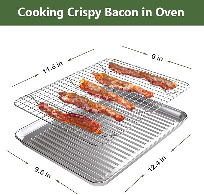 Rottay Aluminum Free Stainless Steel Baking Sheet & Cooling Rack Combo - 12.4 x 9.6 x 1 inch, Corrugated Surface, Firmly Welded Cooling Rack