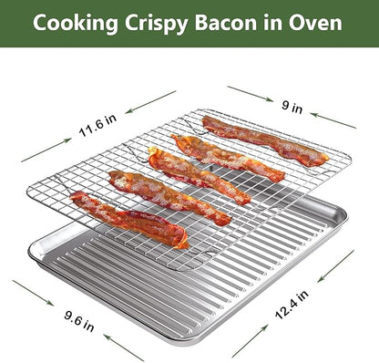 Rottay Aluminum Free Stainless Steel Baking Sheet & Cooling Rack Combo - 12.4 x 9.6 x 1 inch, Corrugated Surface, Firmly Welded Cooling Rack