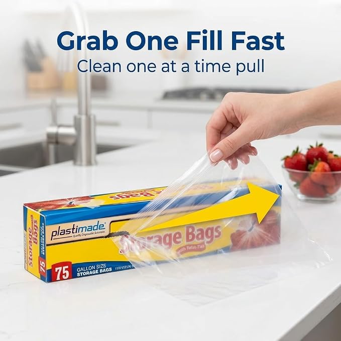 1 Gallon Storage Bags with Twist Ties, 300 Count - Clear Plastic Food Storage Bags for Sandwiches, Snacks, Fruit, Produce & Freezer