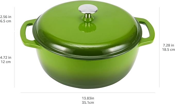 Amazon Basics Enameled Cast Iron Dutch Oven Pot with Lid, Round, Dual Handles, Heavy-Duty, Oven Safe for Stews, Roasting, Baking, 6-Quart, Green
