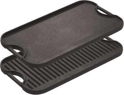 Lodge Pro-Grid Reversible Grill/Griddle - 20 Inches x 10.5 Inches - Dual-Sided Cast Iron Griddle - Double Burner Grill - Even Heat Distribution - PFAS-Free Non-Toxic Cookware