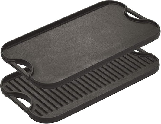 Lodge Pro-Grid Reversible Grill/Griddle - 20 Inches x 10.5 Inches - Dual-Sided Cast Iron Griddle - Double Burner Grill - Even Heat Distribution - PFAS-Free Non-Toxic Cookware