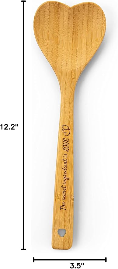 Gorgeous Heart shaped Bamboo Wooden Spoon with an engraved handle and heart-shaped base hole for hanging - 'The secret ingredient is Love' | The perfect addition to a kitchen filled with love and joy!