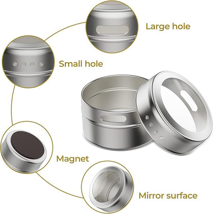 Vetacsion Set of 16 Magnetic Spice Tins with 4 Metal Wall-Plates,100 Preprinted Seasoning Label Stickers,2 Styles for 3 oz Herb Jars