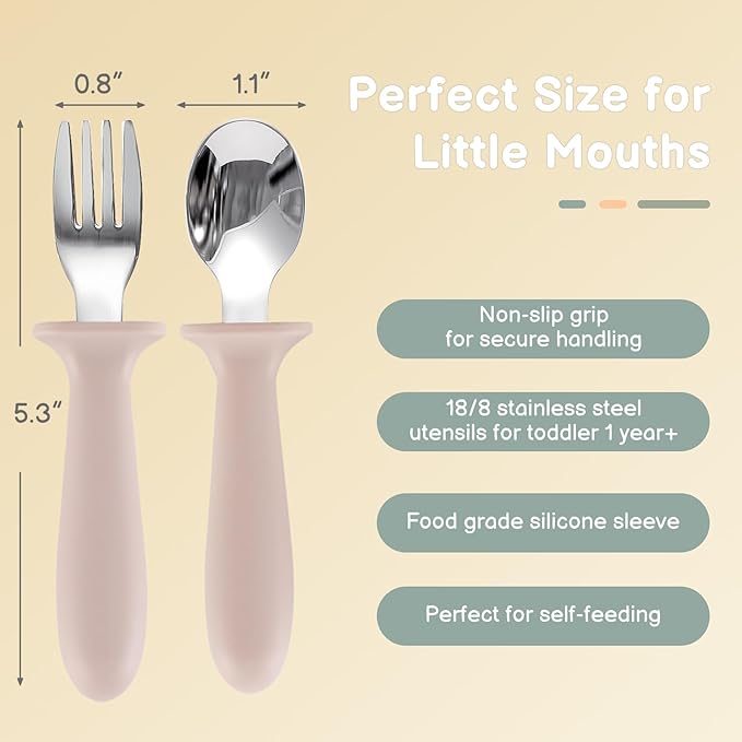 Eascrozn Toddler Spoons and Forks Set, 6 Pack Kids Silverware with Silicone Handle, BPA Free, 18/8 Stainless Steel Children Safe Toddler Utensils, Dishwasher Safe