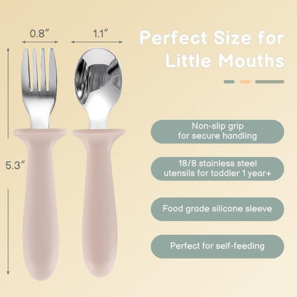 Eascrozn Toddler Spoons and Forks Set, 6 Pack Kids Silverware with Silicone Handle, BPA Free, 18/8 Stainless Steel Children Safe Toddler Utensils, Dishwasher Safe