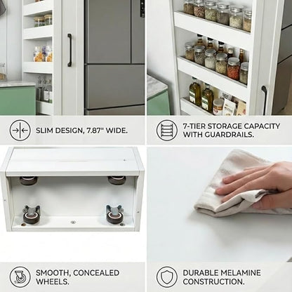 Slim Rolling Storage Cart, 7-Tier Pull-Out Spice Rack with Handle & Wheels, Narrow Kitchen Organizer for Next to Fridge, Pantry, Laundry Room, 7.87 Inch Wide Space Saver (White, Hidden Wheels)