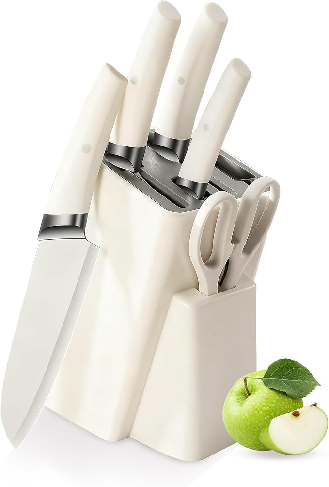 Knife Set, 6-Piece Kitchen Knife Set with Block, Stainless Steel Essentials Cutlery Block Set,Ultra-sharp Blades Chef Knives Set, Rust-Resistant, Ideal Housewarming Gift (White)