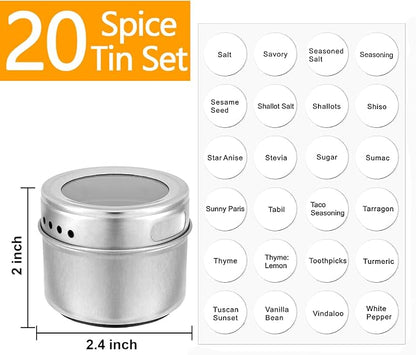 Bekith 20 Pack Magnetic Spice Jars, Magnetic Spice Containers for Refrigerator, Seasoning Tins with Clear Top Lid, 240 PVC Spice Label Set