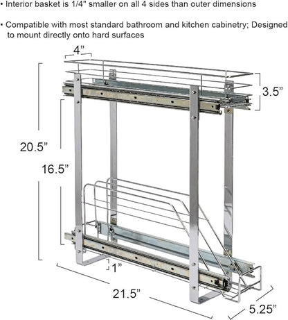 Household Essentials Glidez Multipurpose Chrome-Plated Steel Pull-Out/Slide-Out Storage Organizer for Cookware and Bakeware - 2-Tier Design - Fits Standard Size Cabinet or Shelf, Chrome