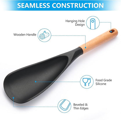 2 Pcs Wooden Handle Silicone Cooking Spoon Set for Nonstick Cookware Cooking, Baking, Stirring ，BPA-Free Heat-Resistant Spatula for Mixing, Flipping, Scraping (2 Pcs Black)