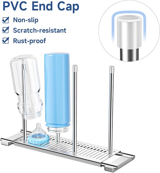 Expandable Over Sink Water Bottle Drying Rack with Dish Cloth Holder, Metal Kitchen Cup Drying Rack, Space-Saving Sink Drainer for Baby Bottles, Bottles, Dish Rags, Gloves & Reusable Bags (Silver)