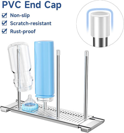 Expandable Over Sink Water Bottle Drying Rack with Dish Cloth Holder, Metal Kitchen Cup Drying Rack, Space-Saving Sink Drainer for Baby Bottles, Bottles, Dish Rags, Gloves & Reusable Bags (Silver)