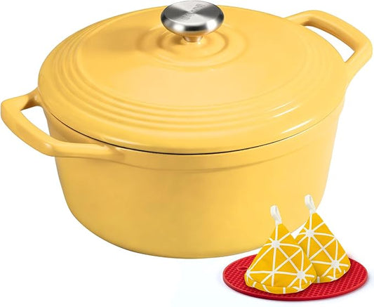 Overmont Enameled Cast Iron Dutch Oven - 5.5QT Pot with Lid Cookbook & Cotton Potholders - Heavy-Duty Cookware for Braising, Stews, Roasting, Bread Baking