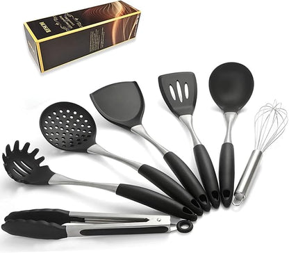 Premium Black Silicone Cooking Utensils Set - Non-Toxic, Heat Resistant& Non-Stick Kitchen Utensils Set with Spatula, Spoon, Whisk, Tongs, BPA Free, Dishwasher Safe, Black