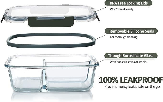 M MCIRCO 36 oz 3 Compartments Glass Meal Prep Containers set of 5 and 24Pcs Glass Food Storage Containers Set