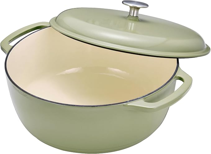 Amazon Basics Cast Iron Dutch Oven Pot with Lid, Enameled, Round, Dual Handles, Heavy-Duty, Large, 7.3-quart, Olive