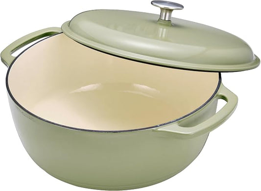 Amazon Basics Cast Iron Dutch Oven Pot with Lid, Enameled, Round, Dual Handles, Heavy-Duty, Large, 7.3-quart, Olive