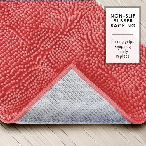 Hearth & Harbor Bathroom Rugs, Chenille Bath Mat - Machine Washable Bath Mats for Bathroom Non-Slip Backing Rubber, Quick Dry Bathroom Mat - Rose Bath Rug, 17x24