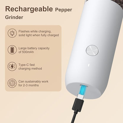 Ultrean Pepper Grinder, Rechargeable Salt and Pepper Grinder Set with 6 Adjustable Coarseness, LED Light, Automatic Grinder for Kitchen, House Warming Gifts New Home, White&Black