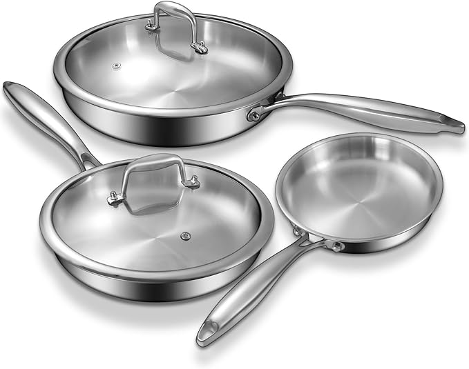 EWFEN Tri-Ply Stainless Steel Frying Pans Set with Lid, 8”/10”/12” Cooking pans, PFOA&PTFE Free Skillet, Induction Cooking Pan, Dishwasher and Oven Safe, Fast & Even Heat, Suitable for All Stove