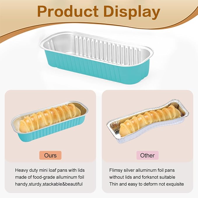 50 Pack Mini Cake Pans with Lids and Spoons, Mini Loaf Baking Pans 6.8oz, Small Disposable Aluminum Foil Loaf Pans, Rectangular Baking Containers for Party and Picnics, Cheesecake Pans (Blue)