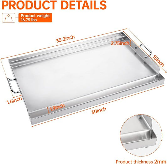 LotFun 30" x 15" Stainless Steel Cooking Griddle for Outdoor Gas Grill, Universal Griddle Flat Top Plate Insert with Grease Groove and Removable Handles for Electric/Charcoal/Gas Grill, Camping,Party